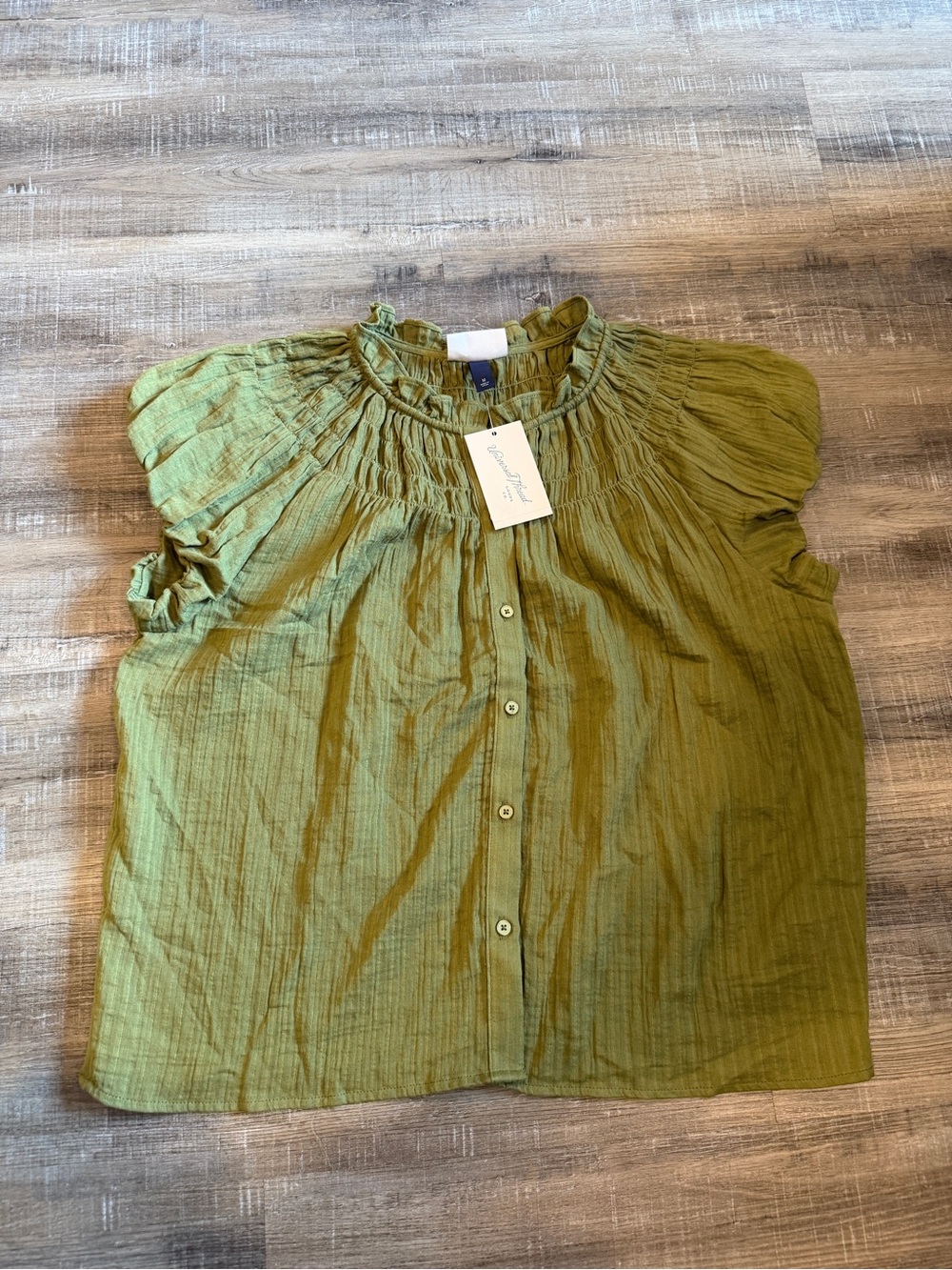 Universal Thread Olive Smocked Yoke Button-Front Blouse